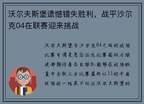 沃尔夫斯堡遗憾错失胜利，战平沙尔克04在联赛迎来挑战
